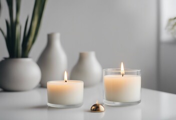 Fototapeta na wymiar A scented candle on a white table with vases on a modern minimalist background