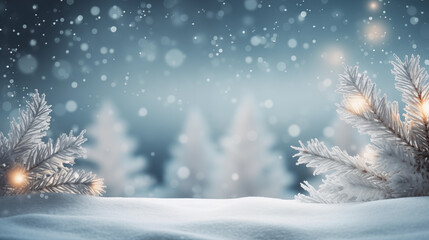 Beautiful winter background with spruce branches and small drifts of pure winter snowflakes and christmas light