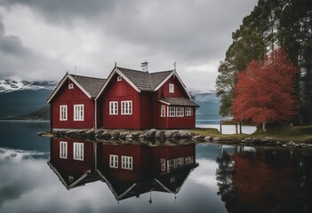 A red cottage of the Norwegian culture and architecture in Norway near lake house