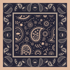 Dark bandana scarf paisley fabric patchwork abstract vector seamless pattern.