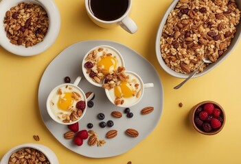 Obraz na płótnie Canvas Healthy breakfast set with coffee and granola Overhead view copy space yellow background