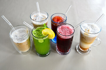 Table scene of assorted take out or delivery foods. Traditional Turkish cuisine. Various Turkish meal and appetizers. Top down view on a table.