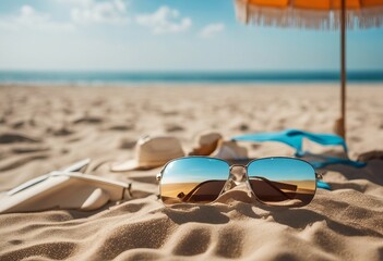 Fototapeta na wymiar Sunglasses and sunscreens lying in the sand against the backdrop of the sea with a beach umbrella