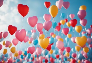 The colorful heart-shaped balloons with blue pastel background Concept of love in valentine wedding