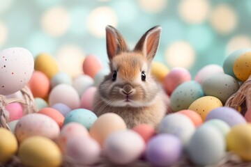 Fototapeta na wymiar A cute little fluffy Easter bunny on a background of colorful eggs looks at the camera on a light blue background