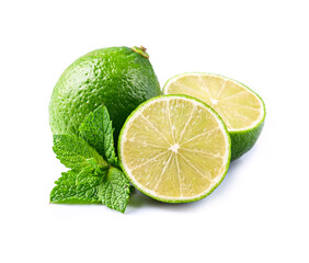 Sweet lime fruits with mint on white backgrounds