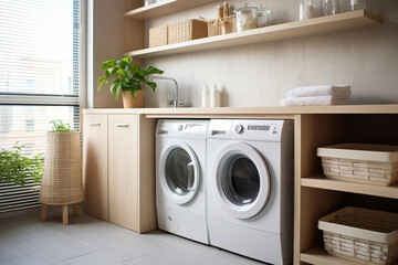Modern washing machine and shelving unit in laundry room interior