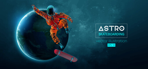 Abstract silhouette of a skateboarder astronaut in space action and Earth, Mars, planets on the background of the space.. The skateboarder man is doing a trick. Vector 3d render illustration