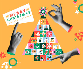 Christmas tree advent calendar and hands in retro collage illustration