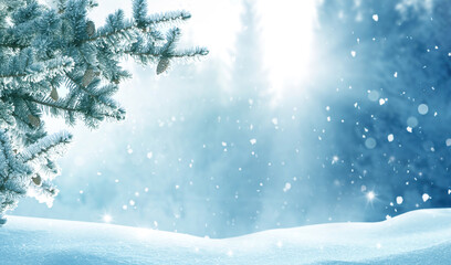 Beautiful winter landscape with snow covered trees.Merry Christmas and happy New Year greeting background with copy-space. - obrazy, fototapety, plakaty