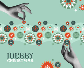 Christmas nordic folk ornament and hand retro collage illustration