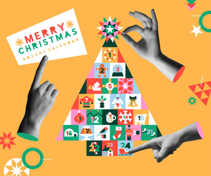 Christmas Tree Advent Calendar And Hands In Retro Collage Illustration