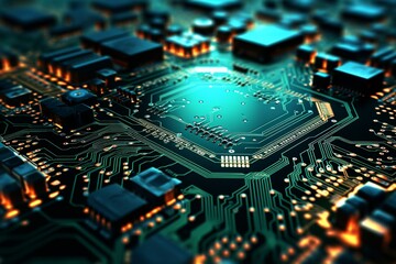 An up-close image of a computer's printed circuit board, revealing a multitude of parts and a central processor. Created with generative AI tools