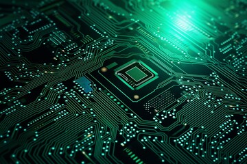 A complex circuit board adorned with gold and copper traces on a dark background, imbuing it with a futuristic essence&mdash;a striking circuit board background. Created with generative AI tools