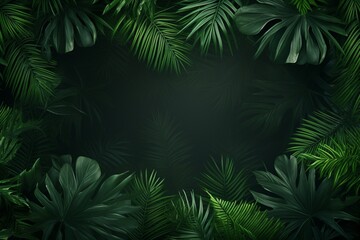 Fototapeta na wymiar Fresh green jungle palm leaves forming a natural frame set against a verdant backdrop. Created with generative AI tools