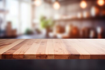 A wood table surface set against a softly blurred kitchen background, perfect for showcasing products or designing layouts. Created with generative AI tools