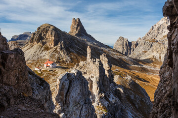 Locatelli refuge with tower of Torre Toblin in the back, Dolomite