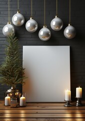 Christmas decorations and white mockup poster, AI Generated