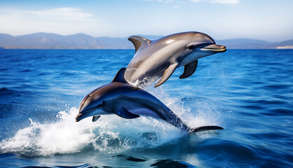 Two bottlenose dolphin jumping on the water - Beautiful seascape and blue skies with distant clouds and island background