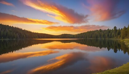 a picture of a cheerful lake at dusk with rainbow-hued reflections shimmering in the water