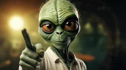 Vintage style illustration of a male alien pointing at the camera. Alien. Extraterrestrial Life Concept.