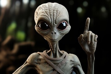 alien pointing up with his finger on dark background. Alien. Extraterrestrial Life Concept.