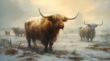 Highland cow on a pasture, snowy winter landscape. Digital painting.