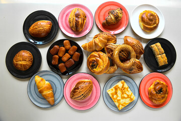 Table scene of assorted take out or delivery foods. Traditional Turkish cuisine. Various Turkish meal and appetizers. Top down view on a table.
