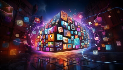 digital contents concept, social networking service, streaming video, NFT, non-fungible token, wide angle visuals for banners or advertisements,