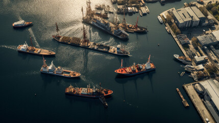An aerial shot of a bustling harbor with large ships and fishing boats