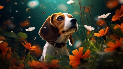 A surreal image that combines a Beagle's form with elements of nature, such as leaves and flowers, in a dreamlike and abstract landscape.