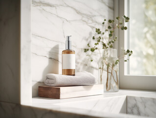 Fototapeta na wymiar Cosmetic products, towel and vase with plant on shelf in modern bathroom