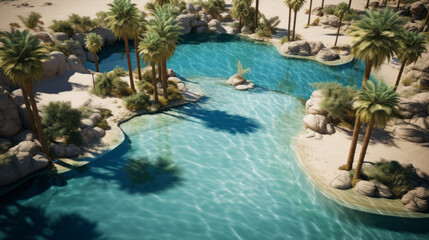 An aerial shot of a desert oasis with palm trees and a shimmering blue pool