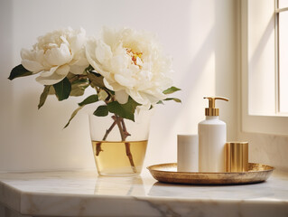 Cosmetic products and vase with flowers on shelf in modern bathroom