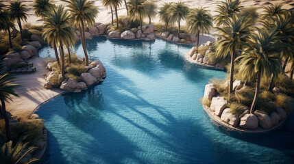 Fototapeta na wymiar An aerial shot of a desert oasis with palm trees and a shimmering blue pool