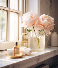 Fototapeta na wymiar Cosmetic products, towels and vase with flowers on shelf in modern bathroom