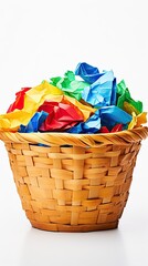 A vertical image of a wicker trash bin with crumpled colorful paper on a white background. Garbage recycling