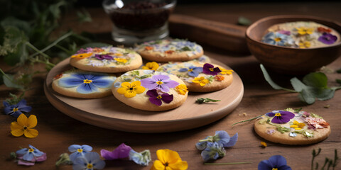 Obraz na płótnie Canvas Almond floral cookies with violets edible flowers on wooden table