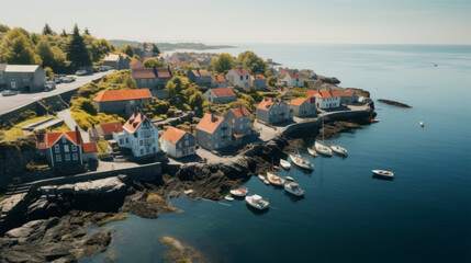 An aerial shot of a picturesque coastal town with colorful homes and boats in the harbor