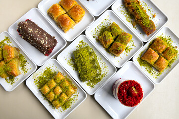 Table scene of assorted take out or delivery foods. Traditional Turkish cuisine. Various Turkish meal and appetizers. Top down view on a table.