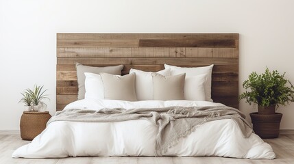 very elegant bed with rustic wooden backrest - obrazy, fototapety, plakaty