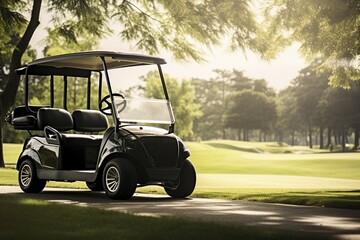 golf cart on a green and expansive golf course - obrazy, fototapety, plakaty