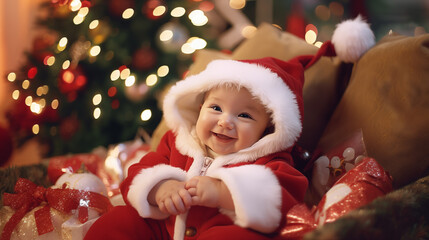 Baby on christmas eve happy with a smile in a Santa Claus costume