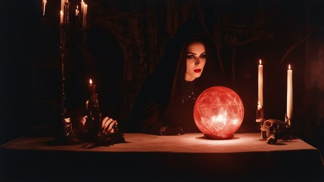 person with magic orb A beautiful witch who has sold her soul to the devil and is using her crystal ball to summon demons   