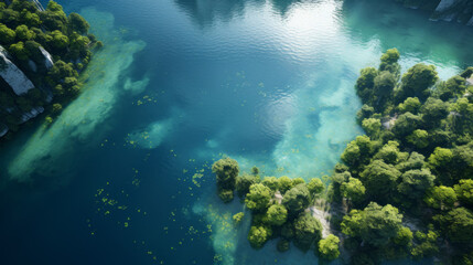 Naklejka na ściany i meble An aerial view of a crystal clear lake surrounded by lush green hills
