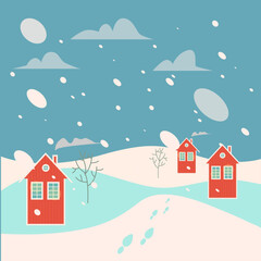 Winter post card "Happy winter". Scandinavian red houses in winter scenery. Simple flat style.

