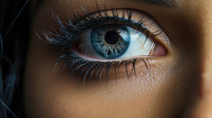 Close up shot of beautiful female blue eye with long eyelashes