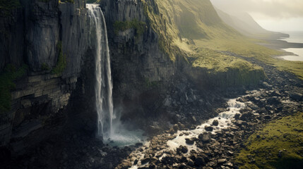 An aerial view of a majestic waterfall cascading down a rocky cliff face - obrazy, fototapety, plakaty