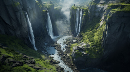 An aerial view of a majestic waterfall cascading down a rocky cliff face - obrazy, fototapety, plakaty