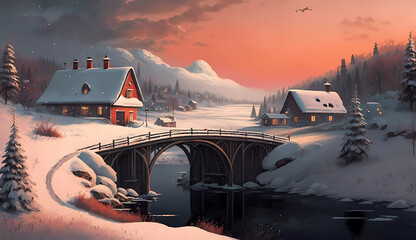 a painting of a winter scene with a village and a bridge in the middle of the picture and a red sky